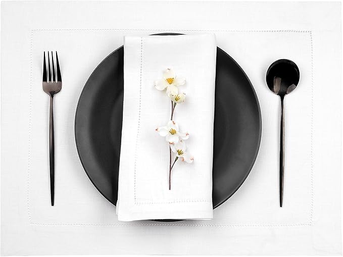 D'Moksha Homes White Linen Placemats Set of 4 - Classic Hemstitch Placemats 14 x 19 Inch - 100% Pure Linen Table Mats for Valentines, Holiday, New Year - Handcrafted and Machine Washable