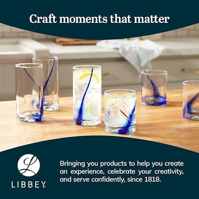 Libbey Blue Ribbon Tumbler and Rocks Drinking Glass Set of 8, Artisanal, Four-Dimpled Glass Cups Set, Clear Glassware Drinking Glasses for Daily Use