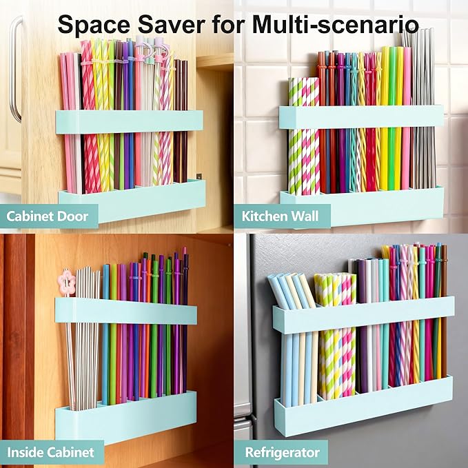 9.5” Large Acrylic Straw Holder for Cabinet Door, Reusable Adjustable Two-Part Straws Organizer with Ultra Sticky Adhesive Strips, 2026 Straw Storage for Kitchen Cupboard (Mint Blue)