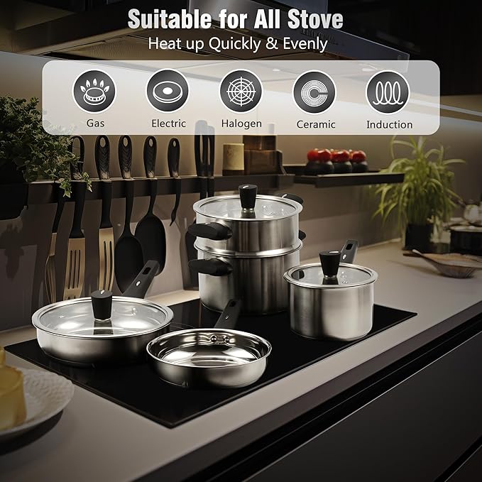Meythway 14-Piece Stainless Steel Cookware Set for Induction Stovetops – Non-Toxic Pots & Pans with Stay-Cool Handles, Glass Lids, Steamer, Pot Mats & Utensils – Dishwasher Safe Kitchen Cookware