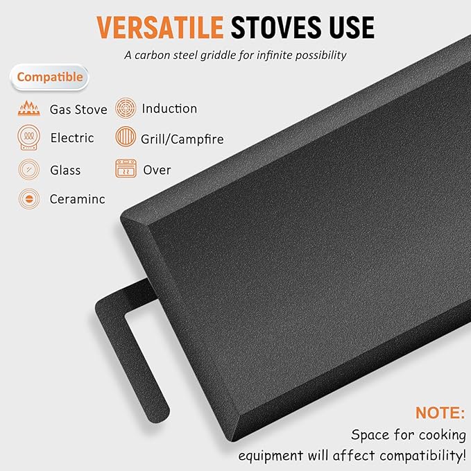 Universal Large Carbon Steel Griddle for Outdoor Gas Grill, Induction, Gas/Electric Stove, and Oven, Double Burner Griddle with Thickened Heat-insulating Gloves, Pre-seasoned Nitride Coating Process
