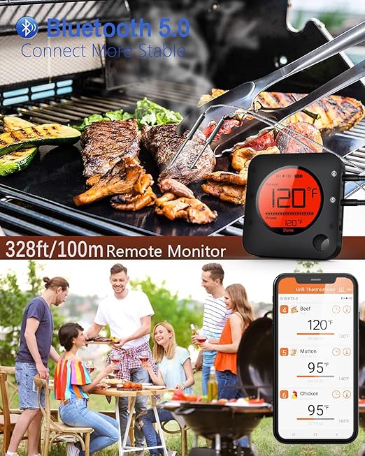 BFOUR Bluetooth Meat Thermometer Wireless Meat Thermometer, Wireless Digital Grill Thermometer with 6 Temperature Probes, Large LCD Display, Bluetooth Thermometer for Grill, Smoker, Oven and BBQ