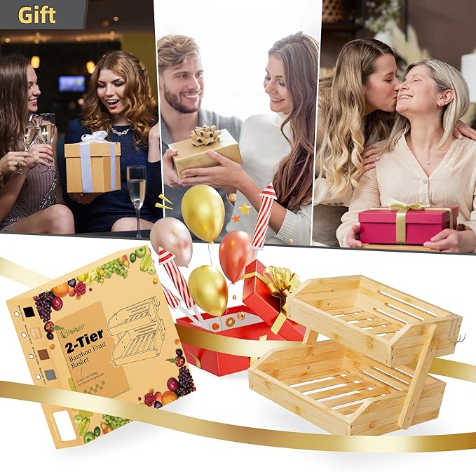 Bamboo 2 Tier Fruit Basket for Kitchen Counter, Large Capacity Fruit Storage Countertop, Fruit Holder, Wood Pantry Organizers and Storage, Kitchen Countertop Organizer With Two Banana Hangers (Bamboo)