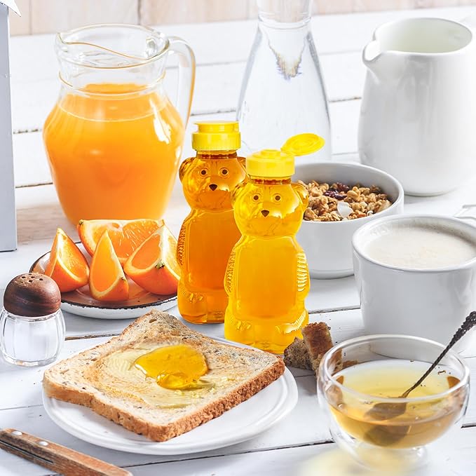 12 Pack Honey Bear Bottle 12 oz, Reusable Plastic Honey Bear Jars Bulk with Yellow Flip Top Lid for Storing and Dispensing(350ml /12oz)