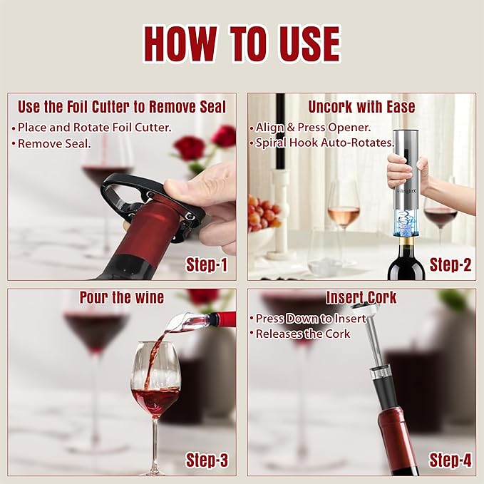 BRIGHTX Modern Rechargeable Electric Wine Bottle Opener Gift Set – Cordless Automatic Cork Remover with Foil Cutter & Charging Base – Wine Accessories Kit | Best Wine Gifts for Women & Wine Lovers