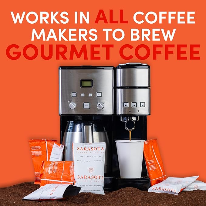 Coffee Packets – Dark Roast Decaf Ground Packs, Low Acid Pre-Measured 2oz Bags for 12-Cup Drip Brewers, Bulk Single-Pot Commercial Pouches
