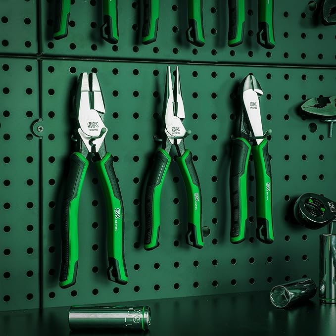 SK 3-Piece Pliers Set, 9.5-Inch Linesman, 8-Inch Diagonal & Needle Nose Pliers, High Carbon Steel, Ergonomic Anti-slip Handle, with Rolling Pouch