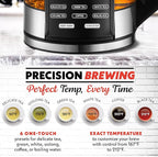 Gourmia Electric Glass Kettle – 1.7L Programmable Tea & Coffee Brewer with Digital Touch Display, 6 Presets, Removable Stainless Steel Infuser, Cordless with 360° Swivel Base, Black