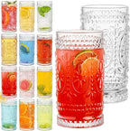 Vintage Drinking Glasses Set - 12 Pcs Romantic Highball Tumblers, 15oz Cups for Water, Mojito, Cocktail, Whiskey, Juice - Tall Glassware