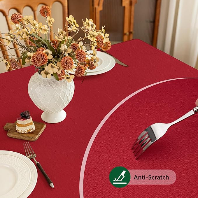 Winter Red Textured Fabric Tablecloth Rectangle, Faux Linen Stain Resistant Table Cloth for 6 Foot Rectangular Table, Reusable for Dinig Party Holiday Decoration, 60 x 84 Inch