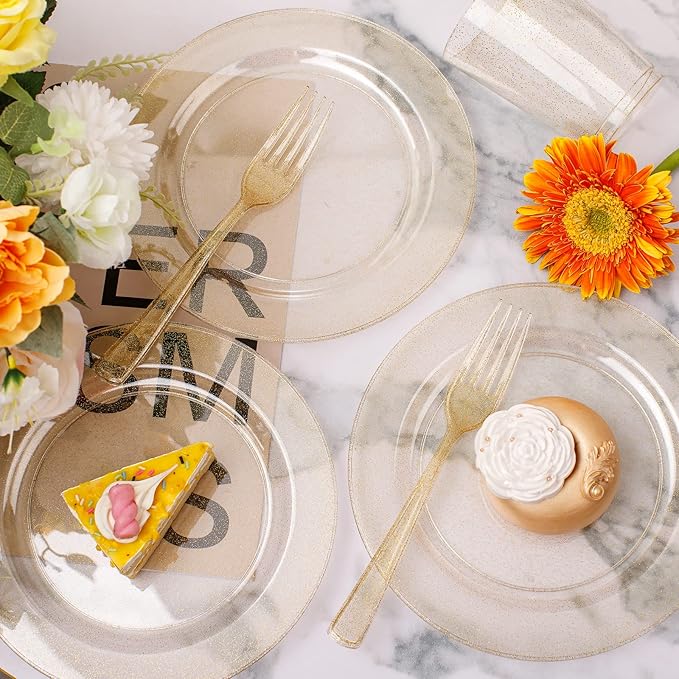 WELLIFE 150PCS Gold Dessert Plates – Gold Glitter Party Plates, Cups & Forks, Plastic Disposable Dinnerware Set for 50 Guests, Christmas, New Year’s Eve & Holiday Party Supplies