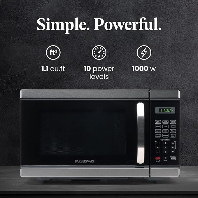 Farberware 1.1 Cu. Ft. Countertop Microwave Oven – 1000 Watt Power, Auto Cook Settings, Defrost, Easy Clean and Child Safety Lock - Stainless