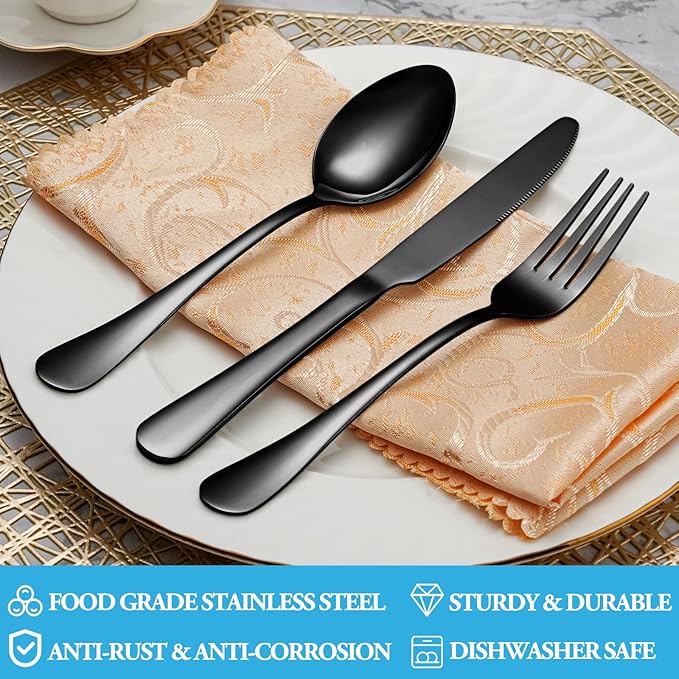 30 Pcs Black Silverware Set, Stainless Steel Flatware Set Service for 6, Mirror Polished Cutlery Utensil Set, Durable Home Kitchen Eating Tableware Set, Include Fork Knife Spoon Set, Dishwasher Safe