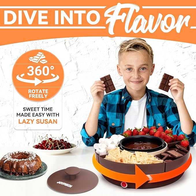 JoyMech Cheese & Chocolate Fondue Machine, Candy Melting Pot for Party, Electric Fondue Pot Set, Chocolate Warmer, Hot Chocolate Maker, 4-Section Food Tray, Brown