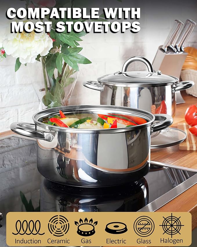 Cook N Home 6-Piece Stainless Steel Pots Set, 1.5 & 3 Qt Sauce Pots with Lids, 5.5 Qt Dutch Oven Stockpot, Induction Compatible, Dishwasher & Oven Safe, Riveted Handles