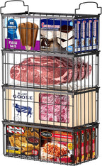 Freezer Organizer Bins, 4 Pack Stackable Deep Chest Freezer Organizer Bins, Foldable Baskets with Handles, Black Storage Container Baskets for 5/ 7 Cu.FT Deep Freezer Sort Frozen Meats