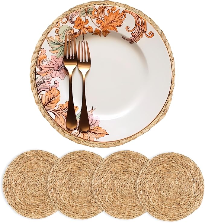 Round Woven Placemats 12 inch Set of 4 - Boho Rattan Placemat Natural Water Hyacinth Placemats, Farmhouse Weave Place Mats, Rustic Braided Wicker Table Mats for Dining Table,Home,Wedding
