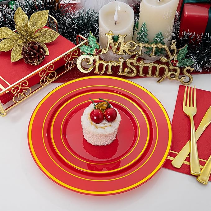 NOCCUR 200PCS Red Plastic Plates for 100 Guests - Include 100PCS 10" Dinner/ 100PCS 7" Dessert Plastic Plates Heavy Duty - Ideal for Wedding/Party/Christmas