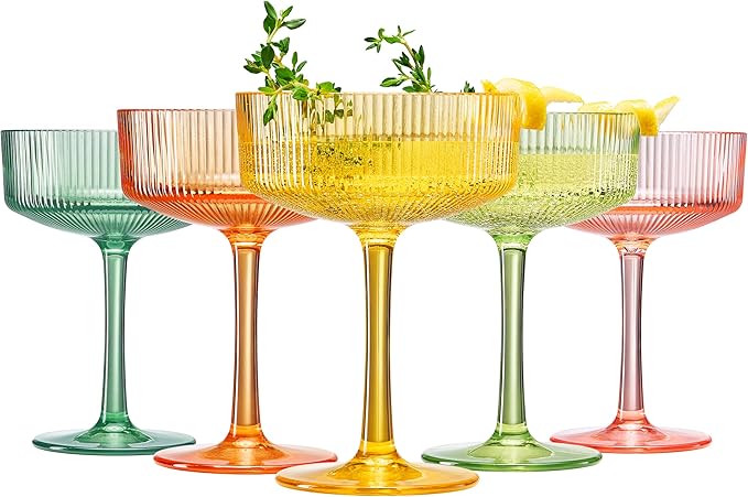 Khen Shatterproof Acrylic Ribbed Vintage Art Deco Martini, Champagne & Cocktail Spring & Summer Bright Pastel Colors Plastic Coupe Glasses | 5 Set | 8oz Ripple Classic Indoor & Outdoor, European Style
