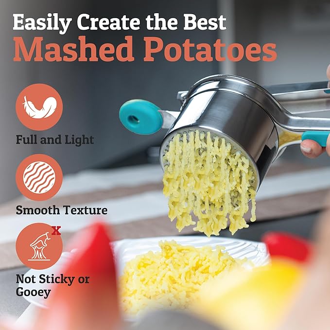 PriorityChef Large 15oz Potato Ricer, Heavy Duty Stainless Steel Potato Masher and Ricer Kitchen Tool, Press and Mash Kitchen Gadget For Perfect Mashed Potatoes - Everytime, Silver and Turquoise