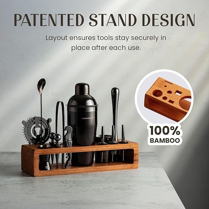 Modern Mixology 21-Piece Cocktail Shaker Set with Stand | Complete Cocktail Kit Gift Set | Top Bartender Gifts for Men & Women | Portable Bar Tools (Black, Brown Stand)