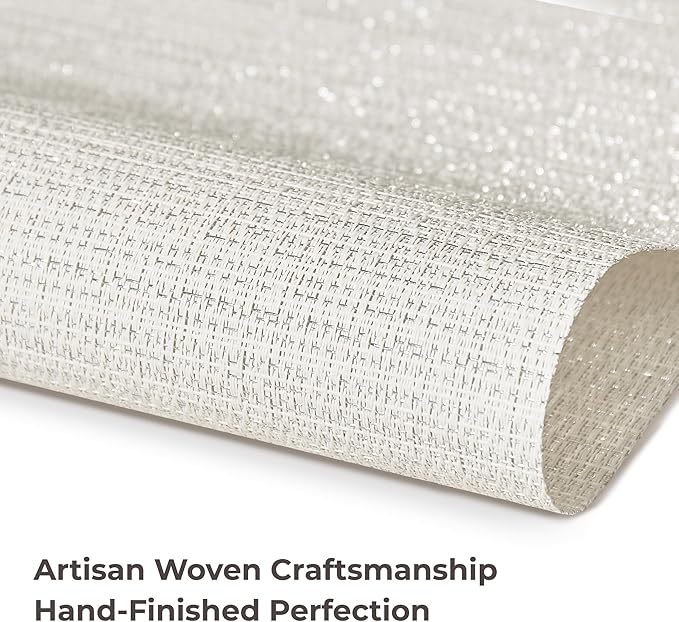 Leetaltree Luxury White and Silver Woven Placemats Set of 4 - Waterproof Washable Textured Table Mats for Wedding, Anniversary, Daily Use - Sparkling Metallic Thread Table Decor - Hand-Cut