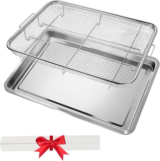 Extra Large Air Fryer Basket for Oven 18 x 12 Inch Stainless Steel, Oven Air Fryer Basket and Tray Set with 30 PCS Parchment Papers, Bacon Cooker Broiler Pan for Oven, Bakeware Sets Oven Rack-2 Piece