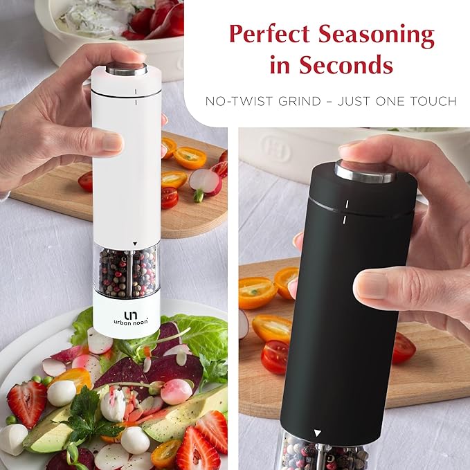 Electric Salt and Pepper Grinder Set - Battery Operated Stainless Steel Mills (1 Black Pepper Grinder + 1 White Salt Grinder) Automatic One Handed Operation Electronic Adjustable Ceramic Grinders