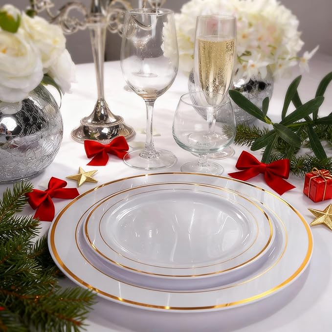 I00000 102 Pieces Gold Plastic Plates, Disposable Party Plates White Gold Rim, 51 Disposable Gold Dinner Plates 10.25 Inch and 51 Disposable Dessert Appetizer Elegant Fancy Wedding Plates 7.5 Inch