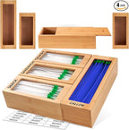 Storage Bag Organizer, Bamboo Baggie Organizer for Drawer, 4 Modular Blocks for Kitchen Organization, Plastic Bag Storage Organizer, Quick Refill - Fits Gallon, Quart, Sandwich, Snack Size Bags