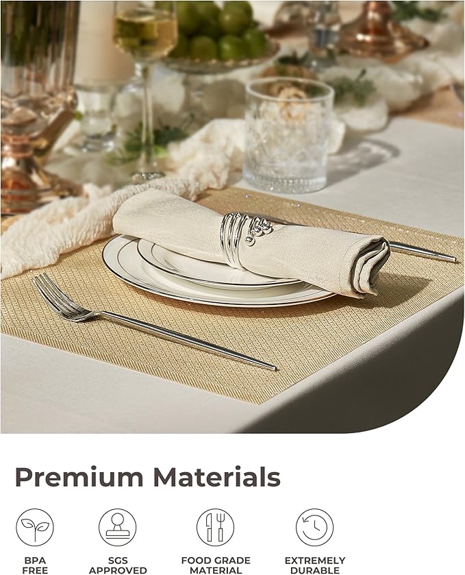 Leetaltree Luxury Gold Sequin Placemats Set of 8 - Waterproof Washable for Wedding, Anniversary, Daily Use - Sparkling Table Decor - Hand-Cut