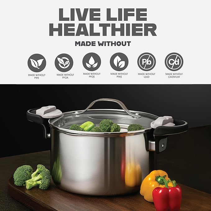 GOTHAM STEEL 5 Qt Stainless Steel Stock Pot Multipurpose Pasta Pot with Strainer Lid & Twist and Lock Handles, for Soup, Spaghetti, Rice, Induction Ready, Dishwasher Safe