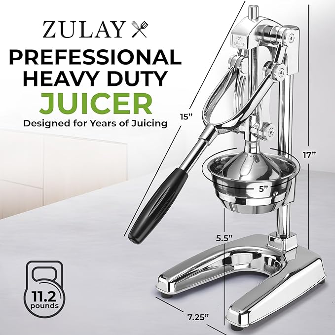 Zulay Kitchen Professional Citrus Juicer - Chrome Finish Manual Citrus Press and Orange Squeezer - Metal Lemon Squeezer - Extra Tall Heavy Duty Manual Orange Juicer and Lime Squeezer Press Stand