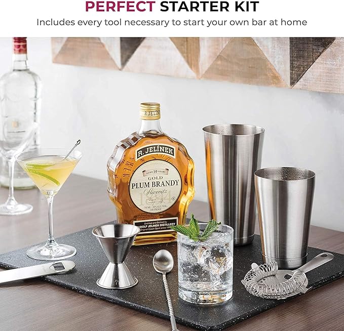 Cocktail Shakers Set, 14 Piece Stainless Steel Bar Tools Kit with Shaking Tins, Flat Bottle Opener, Double Bar Jigger, Hawthorne Strainer, Shot Glasses, Bar Spoon, and 6 Pour Spouts.