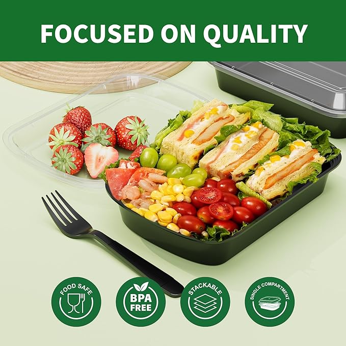 Meal Prep Containers, 50 Pack 24oz (100-Piece) Disposable Take Out Food Storage Containers with Leakproof Lids, Reusable Plastic To Go Lunch Boxes, BPA Free, Microwave/Dishwasher/Freezer Safe