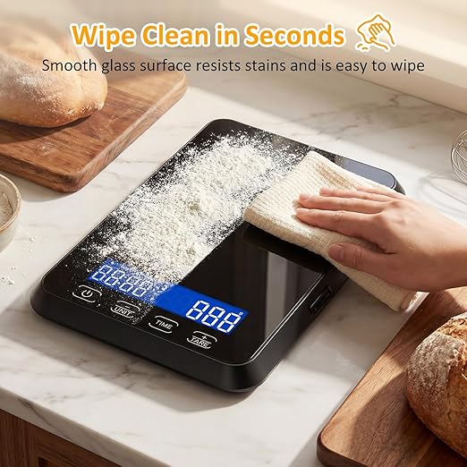 Letron Food Scale, 33 lb / 0.1 oz High Precision Kitchen Scale for Sourdough Bread, Built-in 7 Units, Timing & Tare Function, Rechargeable Digital Kitchen Scale for Food, Baking, Cooking