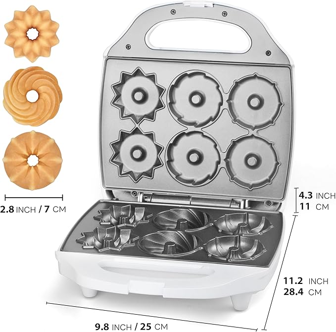 SugarWhisk Mini Donut Maker Machine, Electric Mini Bundt Cake Pan, Bake 6 Bundt Doughnuts with 3 Shapes, Excellent for Breakfast, Snacks, Desserts & More