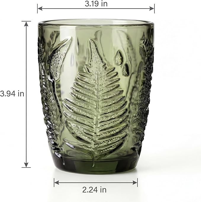Vintage Green Drinking Glasses Set of 4, 10 oz Handcrafted Deep Textured Glass Cups, Fern Embossed Retro Glassware, Decorative Cocktail Tumblers for Home & Bar, Artisan Made Colored Drinkware Gift Set