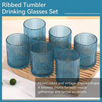 Physkoa Blue Ribbed Drinking Glasses Set of 6 – 9oz Vintage Blue Glassware, Embossed Ribbed Tumbler Cups for Iced Coffee, Water, Juice, Cocktail – Aesthetic Kitchen Glass Set