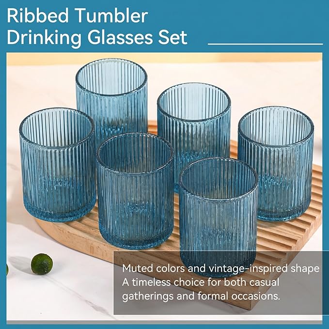 Physkoa Blue Ribbed Drinking Glasses Set of 6 – 9oz Vintage Blue Glassware, Embossed Ribbed Tumbler Cups for Iced Coffee, Water, Juice, Cocktail – Aesthetic Kitchen Glass Set