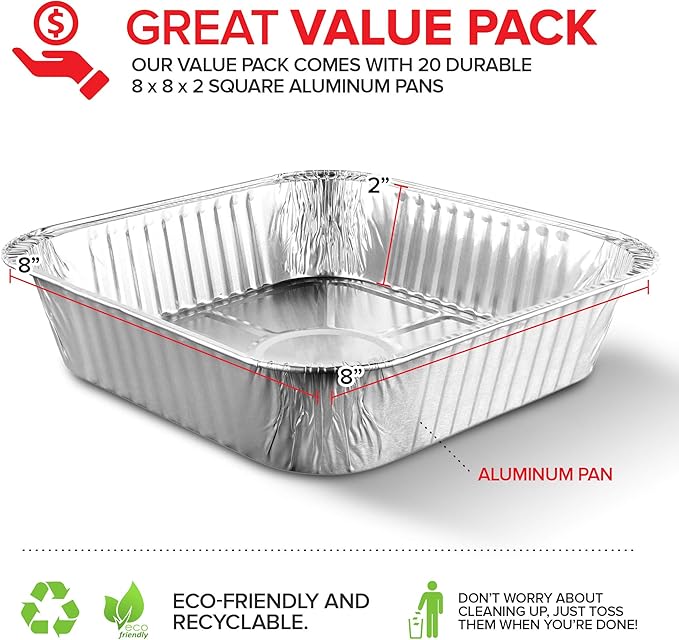 Stock Your Home Aluminum Pans 8x8 Disposable Foil Pans (20 Pack) - 8 Inch Square Pans - Tin Foil Pans Great for Cooking, Heating, Storing, Prepping Food