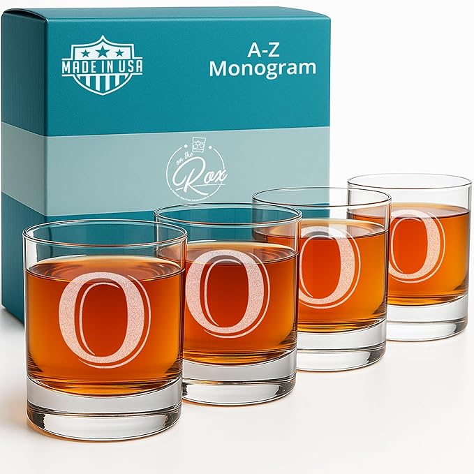 On The Rox (O-Monogram)- 4 Piece Set of 11 Ounce Engraved Heavy Base Rocks Glasses- Quality Elegant Glass-Multi-Purpose Beverage-Rocks Glass- For any Occasion Drinks