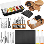 Mifoci 28 Pcs Bartender Kit, Mixologist Bartender Kit Garnish Tray with Lid Bar Caddy and 3 Tier Glass Rimmer, 17 Pcs Margarita Cocktail Shaker Set with Wooden Base for Home Bar Gift Set (Acacia)