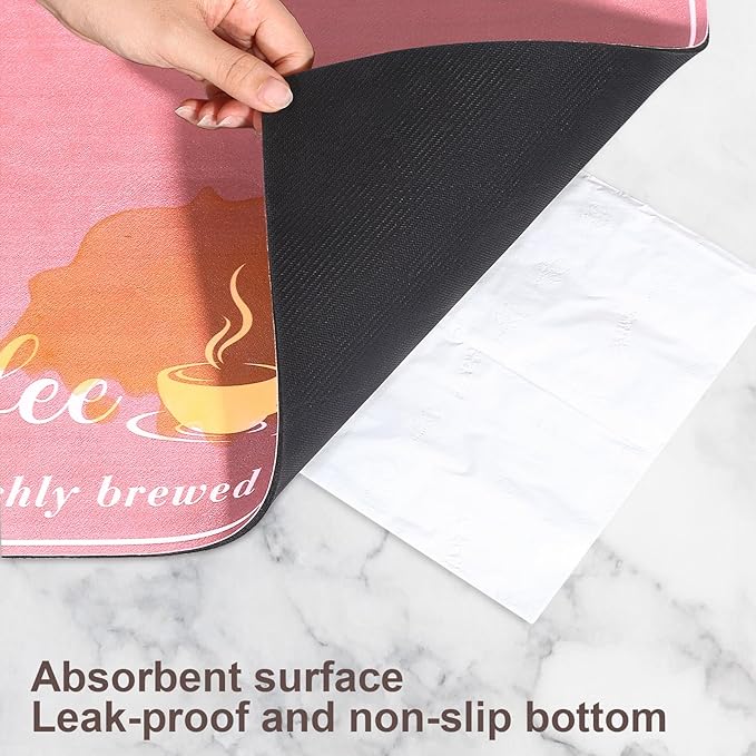 CooRug Absorbent Coffee Mat, Fashion Dish Drying Mat for Kitchen Counter Coffee Bar Accessories Espresso Machine Dish Rack 12" x 20" Pink