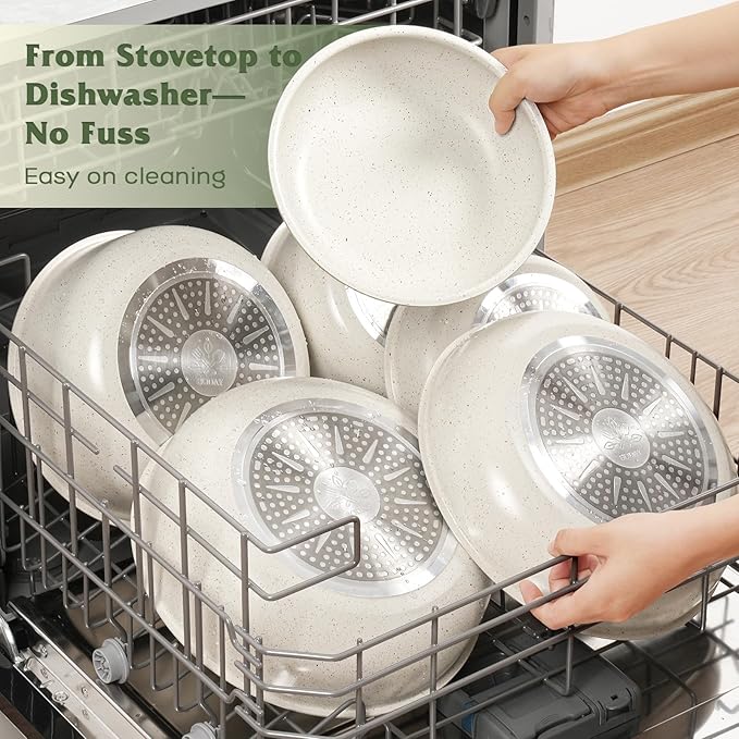 SODAY 18 Pcs Pots and Pans Set Non Stick, Cookware Sets with Detachable Handle, Nonstick RV Kitchen Cooking Tools Removable Handles, Oven Safe, Induction Fast, Stackable Induction Cookware, White