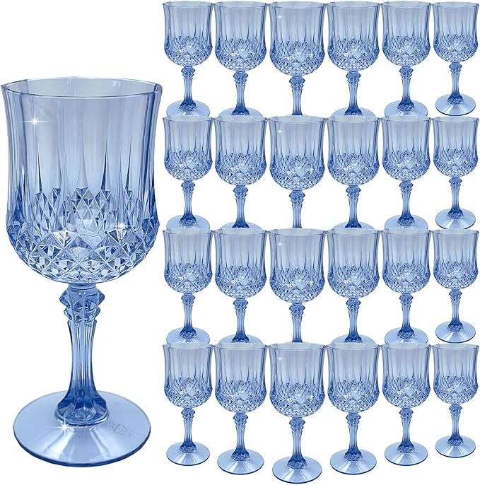 Plastic Wine Glasses, Plastic Goblets Vintage Style Cordial Unbreakable Drinking Glasses， Reusable Drinkware for Wedding Reception, Grand Event Party Supplies(24, Blue)