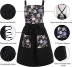 Pinknoke Vintage Pinafore Apron Dress for Women with Pockets Cute Floral Chef Aprons for Kitchen Cooking Baking Gardening
