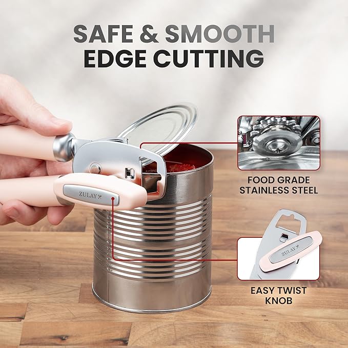 Zulay Kitchen Heavy Duty Stainless Steel Can Opener Manual with Bottle Opener - Rust Proof Manual Can Opener With Turn Knob & Comfy Soft Grip Handles - Peach
