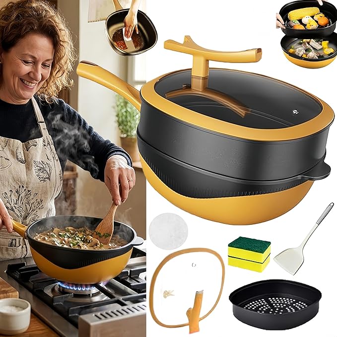Titanium Ceramic Pan, 12in Titanium Alloy Non-Stick Pot with Lid with Steamer 2026 Upgrade Titanium Pot Titanium Frying Pans Nonstick Titanium Pots and Pans Cookware Sets