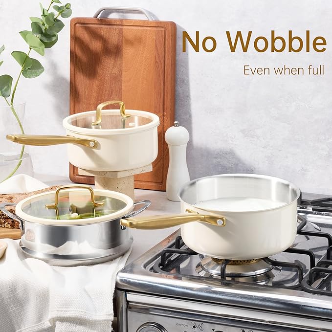 CAROTE 1.5Qt & 3.0Qt Stainless Steel Saucepan Set with Steamer & Ladle, Non-Toxic 3-Ply Stainless Steel Pot with Lids, Small Pots for Cooking, Oven Safe, Induction Compatible Cookware
